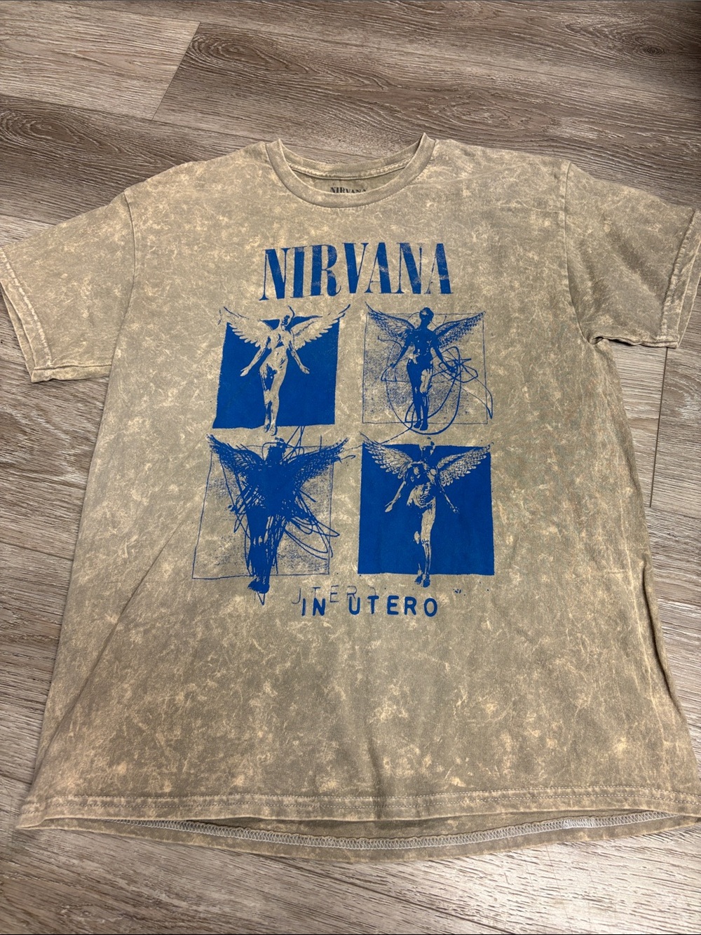 NIRVANA Tan Short Sleeve Crewneck Tee with Blue In Utero Print